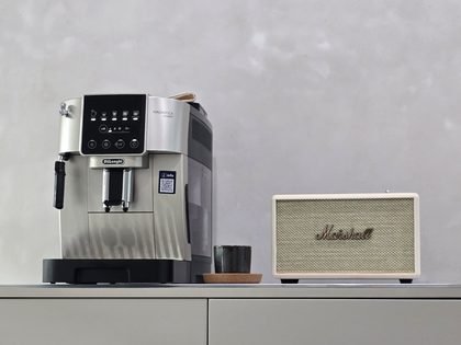 Espresso machine and Marshall speaker in the waiting area at DevelopDent Dental Clinic, Makati